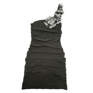 Y2K Party Girl Deb Black One Shoulder Mini Dress Ruched Ruffle Flower Clubwear S